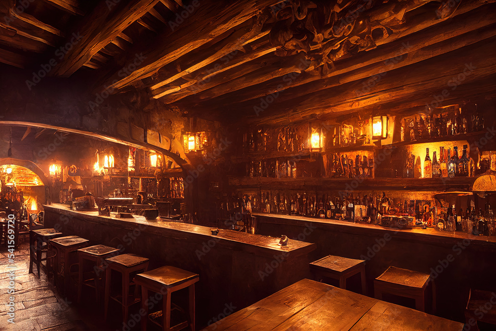 Wide panoramic view of the bar area in a fantasy medieval tavern, interior, art illustration
