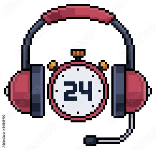 Pixel art headset with clock icon, 24 hours support vector icon for 8bit game on white background
