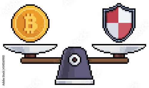 Pixel art scale with bitcoin and shield vector icon for 8bit game on white background
