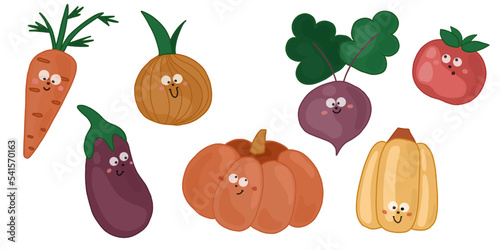 Funny anthropomorphic vegetables. Vector illustration set.