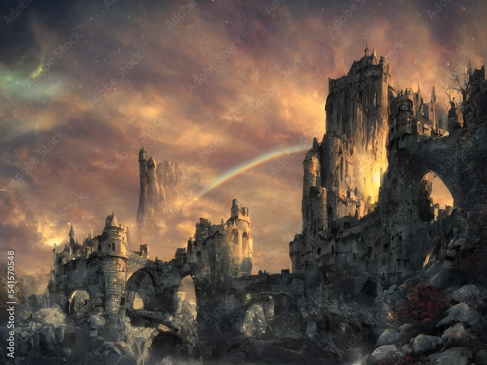 Old Fantasy castle with bridges, 3d illustrarion, 3d render
