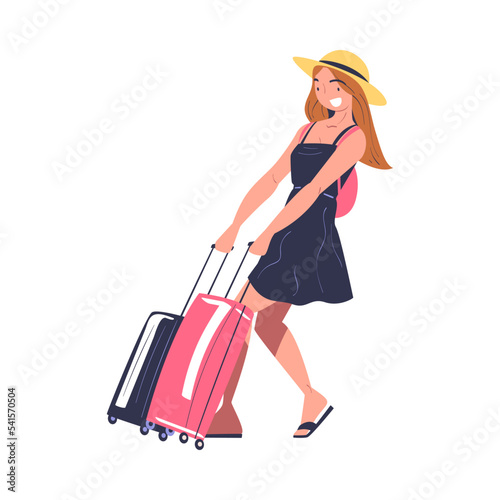 Woman Character in Hat Pulling Two Suitcases Going on Summer Vacation Having Journey Vector Illustration