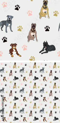 Seamless Pit Bull dog pattern, holiday texture. Square format, t-shirt, poster, packaging, textile, socks, textile, fabric, decoration, wrapping paper. Trendy hand-drawn Pit Bull dog wallpaper.