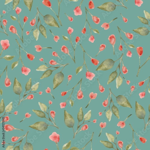 Watercolor seamless pattern with abstract red flowers, leaves. Hand drawn floral illustration isolated on green background. For packaging, wallpaper, wrapping design or print.