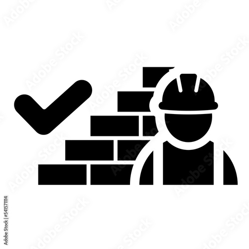Good work of industrial worker icon in flat. Brick wall with construction worker symbol. Approved work sign. Building contractor with check mark symbol. Black abstract builder icon Vector illustration