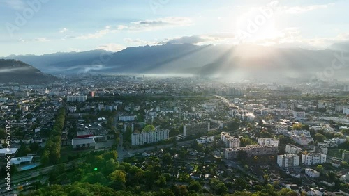 panoramic aerial image of the city of Grenoble at sunrise