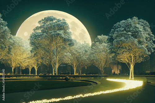 Obraz na płótnie City with a moonlit park with the moon shining in the night sky, with trees and