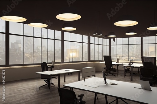 Office at night with working tables, burning lamps on the ceiling and large windows 3d illustration photo