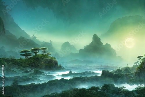 Canvastavla Landscape with green trees, rocks with white mist under the stars and an icy moo