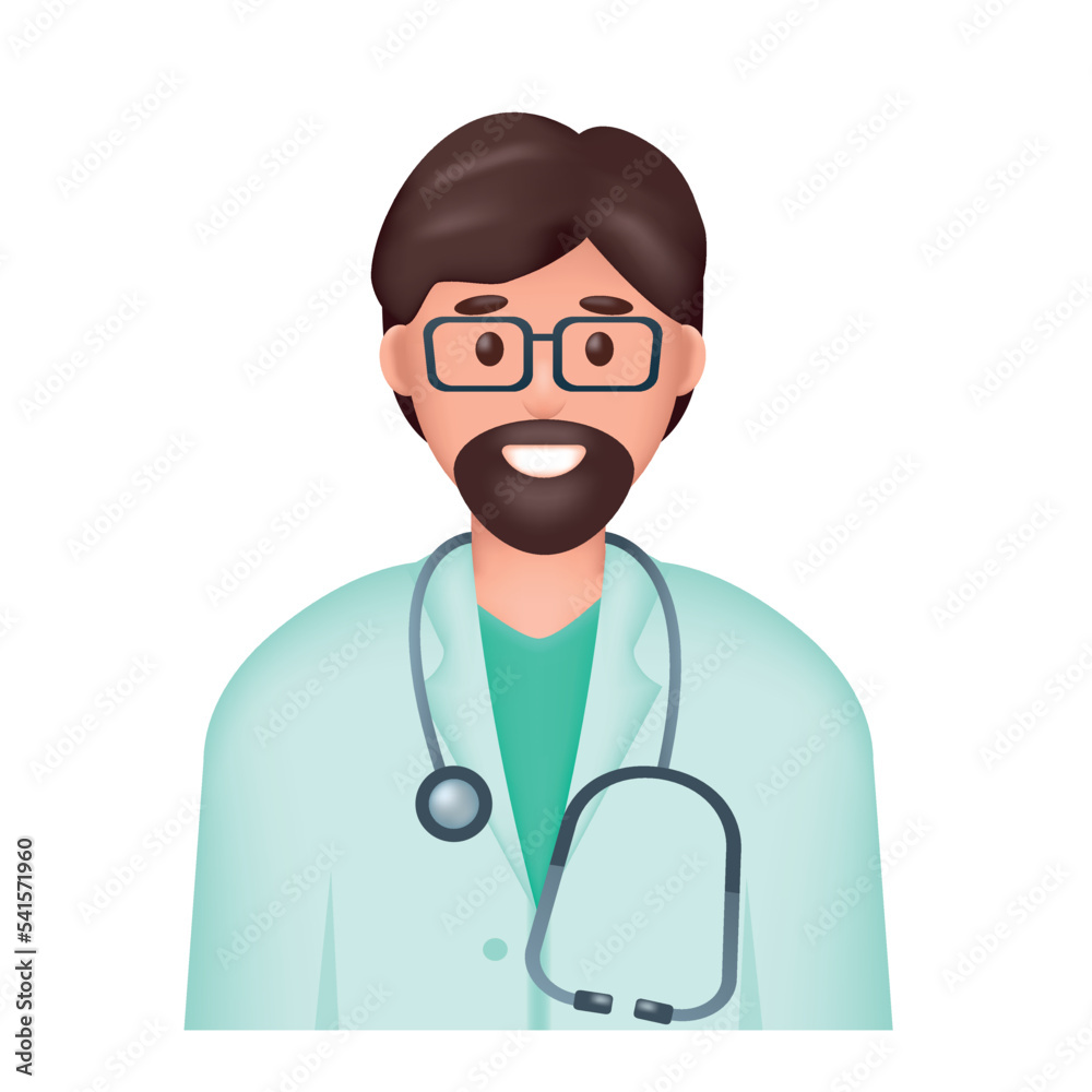 Smiling bearded man doctor avatar in uniform with stethoscope. Healthcare and medicine concept. 3d Realistic cartoon male character vector illustration isolated on white background.
