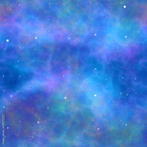 Glowing deep space galaxy stars. Seamless space background texture. Light blue interstellar gas, high resolution