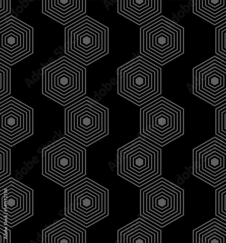 Vector illustration. The texture of the contour hexagon. Black and white, grey geometric seamless pattern. Mosaic abstract background. Hexagonal repeating geometric polygon texture.