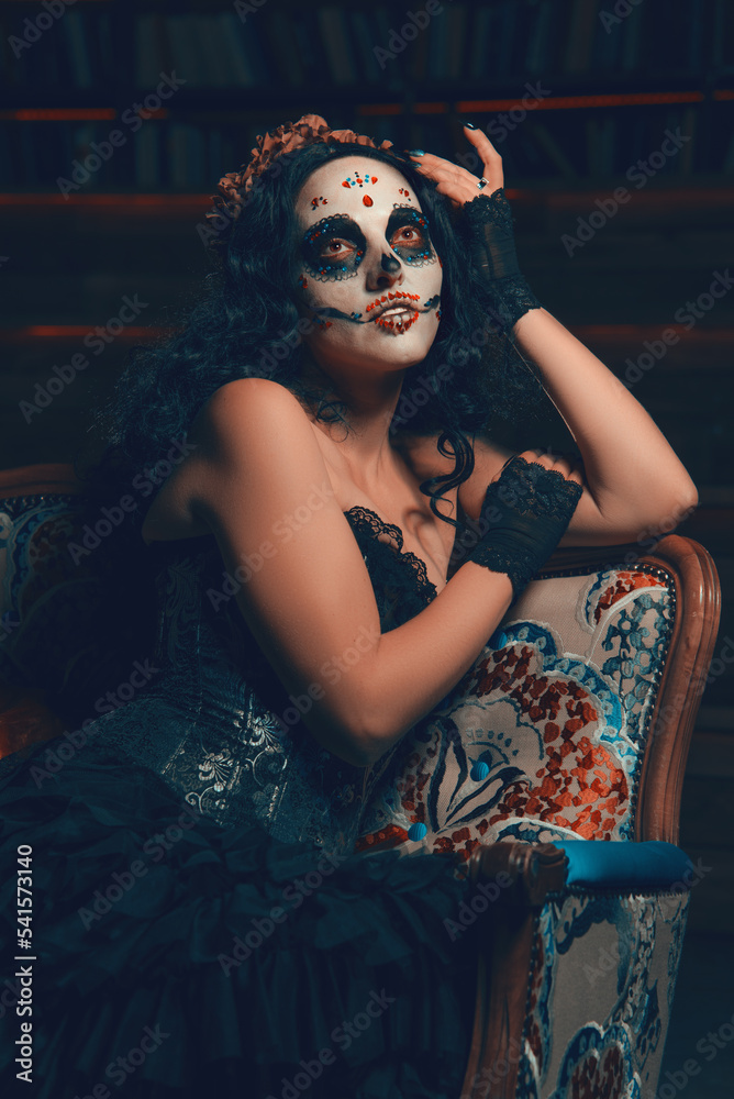 Day of the Dead. Dia de los muertos. Santa Muerte. Woman with sugar skull makeup. Calavera Catrina. Halloween.