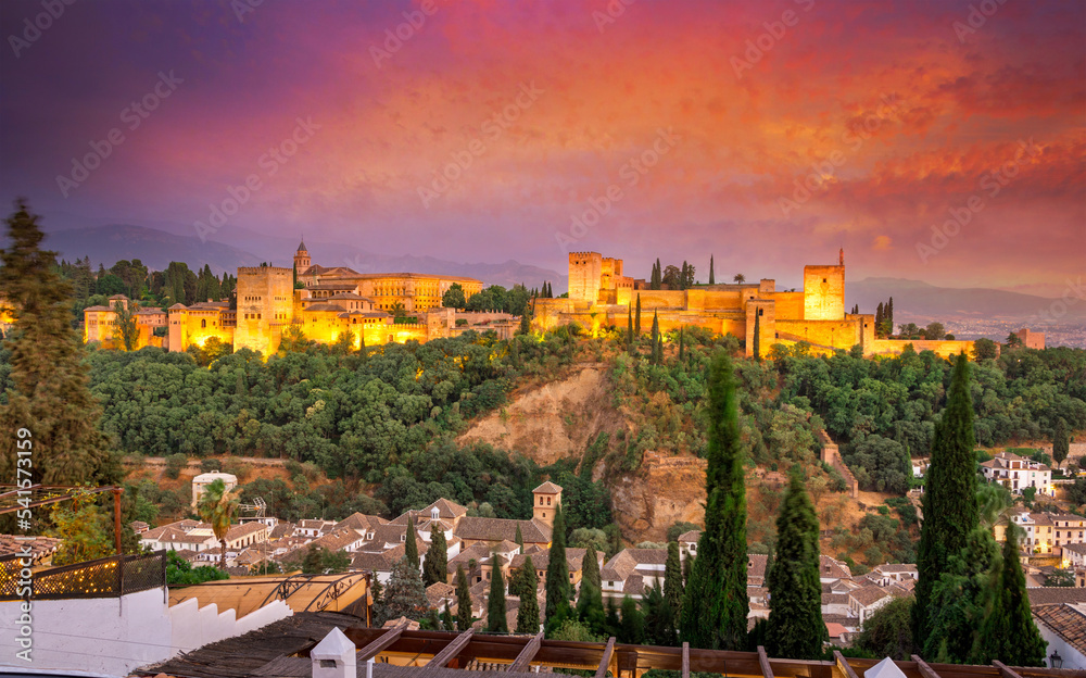 Ancient Alhambra palace in Granada old town, Spain.