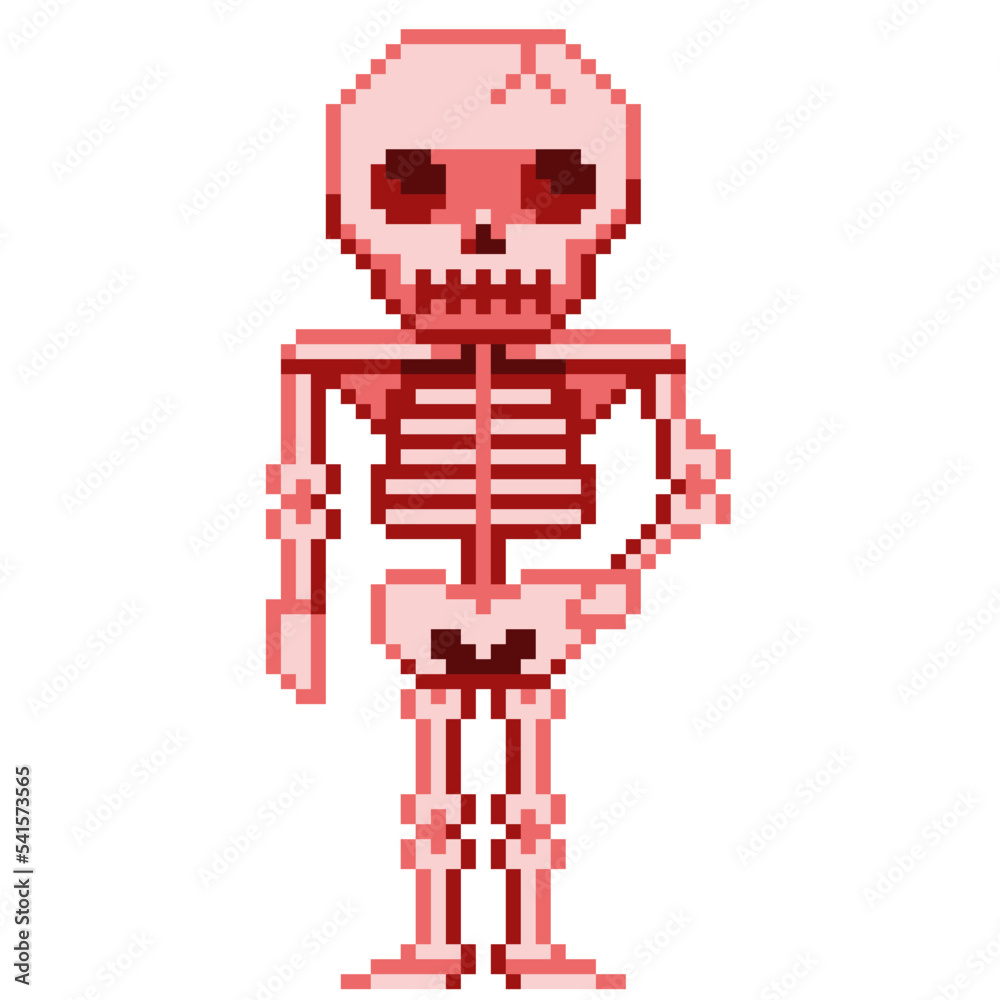 An 8-bit retro-styled pixel-art illustration of a red skeleton.