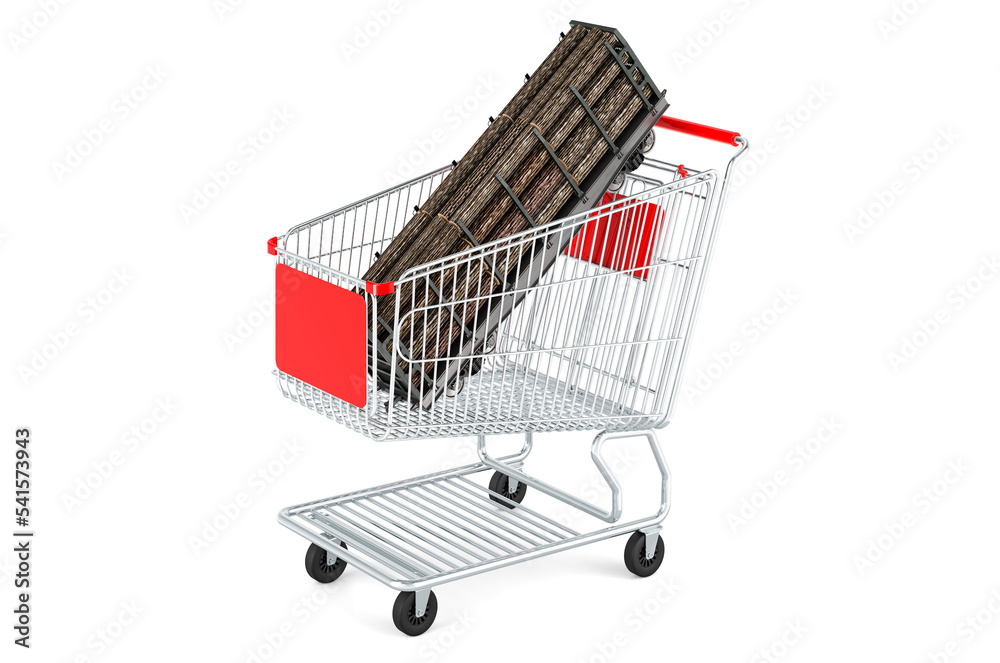 Shopping cart with goods wagon full of wooden logs, 3D rendering