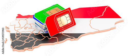 Sim cards on the Yemeni map. Mobile communications, roaming in Yemen, concept. 3D rendering
