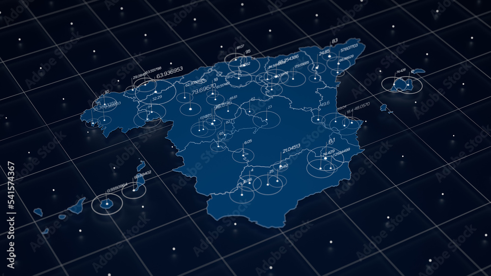 Spain blue map big data visualization. Futuristic map infographic 