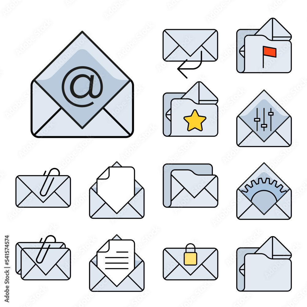 Colored and outline email icon set, open envelope pictogram, line mail symbol for website design, app mobile application and ui. Mailbox vector illustration of mail message. Colored and outline email icon set, open envelope pictogram, line mail symbol for website design, app mobile application and ui. Mailbox vector illustration of mail message.