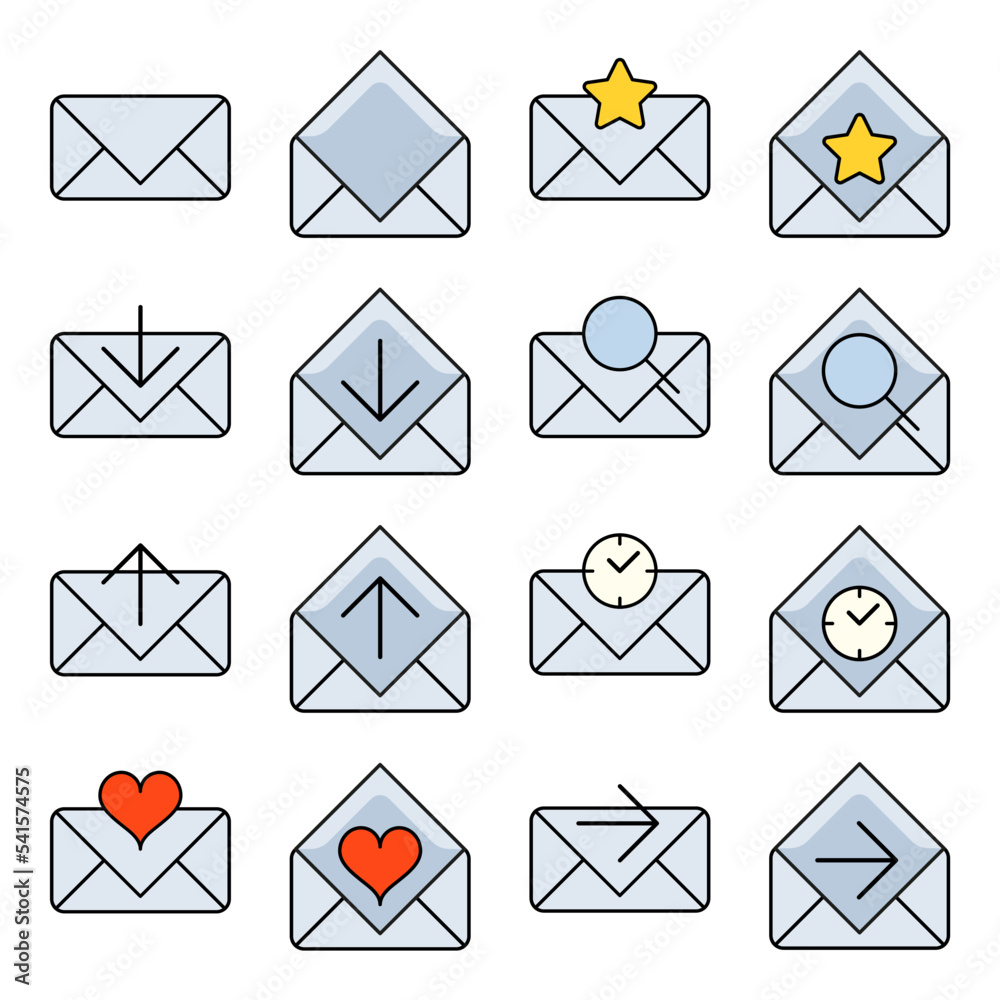 Colored and outline email icon set, open envelope pictogram, line mail symbol for website design, app mobile application and ui. Mailbox vector illustration of mail message. Colored and outline email icon set, open envelope pictogram, line mail symbol for website design, app mobile application and ui. Mailbox vector illustration of mail message.
