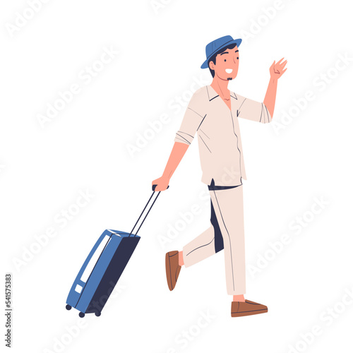 Walking Man Character in Hat with Suitcase Going on Summer Vacation Having Journey Vector Illustration