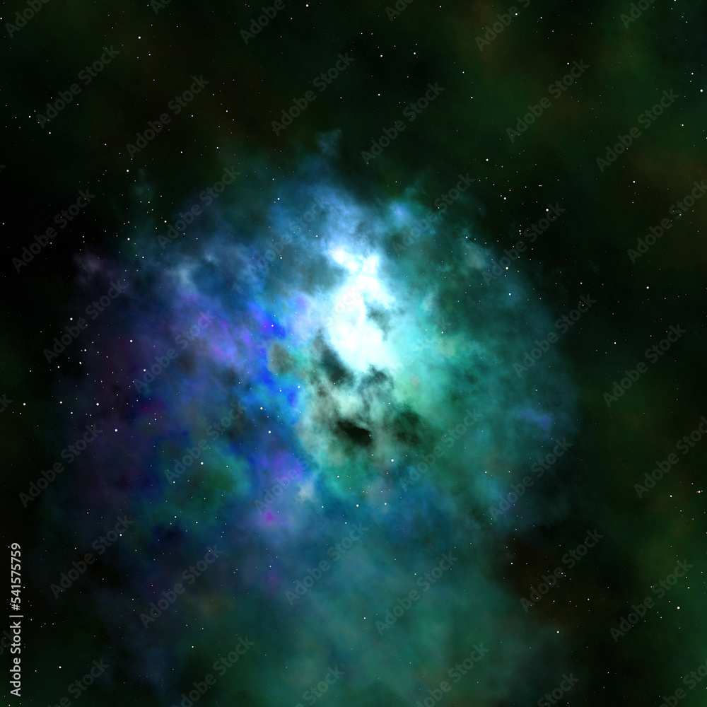 Spectacular close up view at spherical nebula with lighting gas clouds, green blue colored stellar formation with lot stand alone stars around Spectacular close up view at spherical nebula with lighting gas clouds, green blue colored stellar formation with lot stand alone stars around