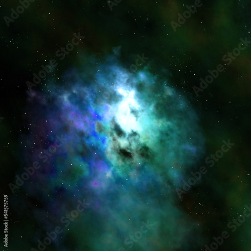 Spectacular close up view at spherical nebula with lighting gas clouds, green blue colored stellar formation with lot stand alone stars around