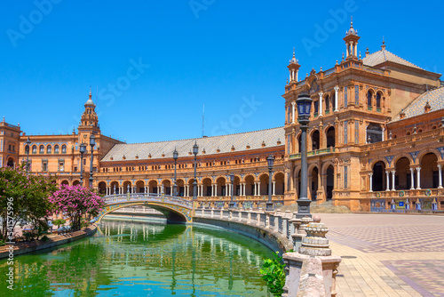 Canal, bridge, mosaic, ceramic art in Plaza de Espana, Seville, Andalusia, Spain