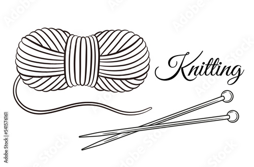 Skein wool yarn, ball thread with knitting needles for handmade knit line icon. Cotton clew filament roll for crocheting work tool. Hand needlework hobby. Material for winter knitwear clothes. Vector