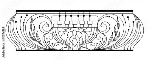 wrought iron balcony. Black metal railing with forged ornaments on a white background. entrance to the terrace decorated with steel vector. Antique vintage object of architecture,