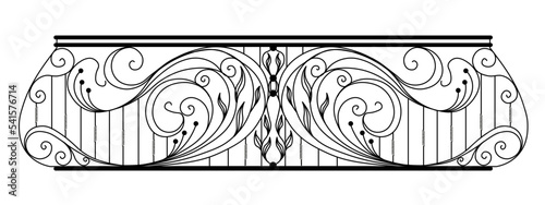 wrought iron balcony. Black metal railing with forged ornaments on a white background. entrance to the terrace decorated with steel vector. Antique vintage object of architecture,