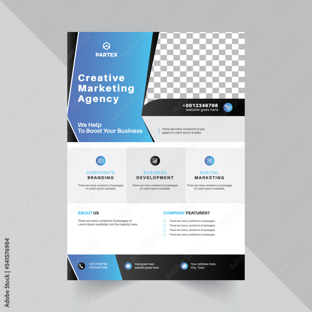 Flyer Design Template For Agency with blue color abstract gradient shape