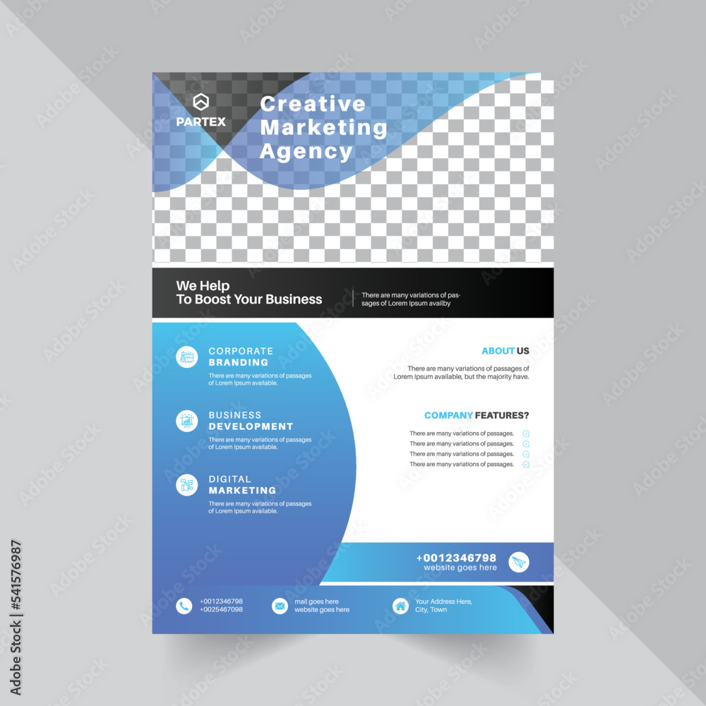 Flyer Design Template For Agency with blue color abstract gradient shape