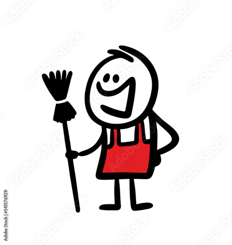 Male cleaner stands with a broom after working.