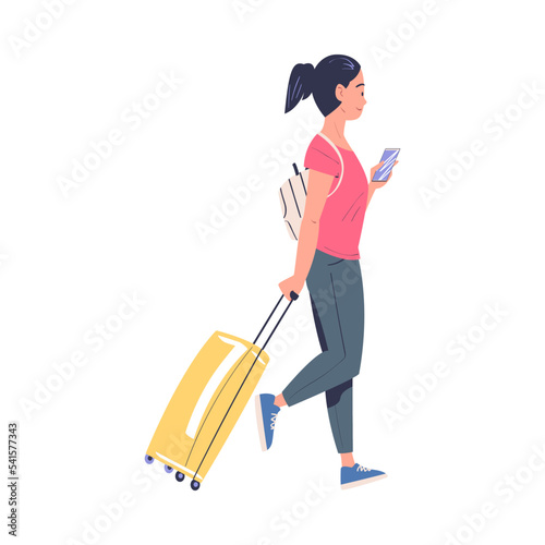 Woman Character with Smartphone Walking with Suitcase Going on Summer Vacation Having Journey Vector Illustration