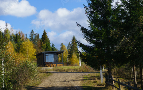 Black wooden cabin in colorful forest in autumn