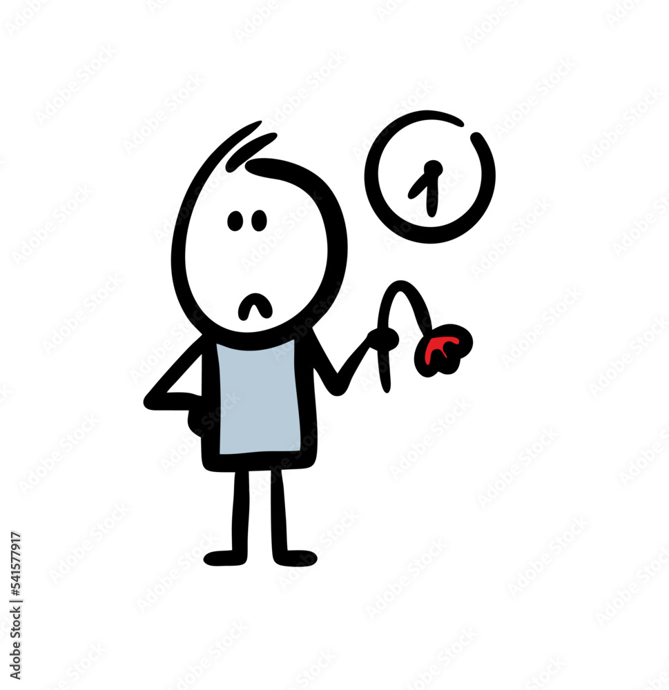 Upset doodle man under the big watches with wilted flower waiting his girl for dating. Upset doodle man under the big watches with wilted flower waiting his girl for dating.