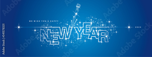 We wish you Happy New Year 2023 line design sparkler firework open champagne 2023 new year eve white blue vector wallpaper greeting card