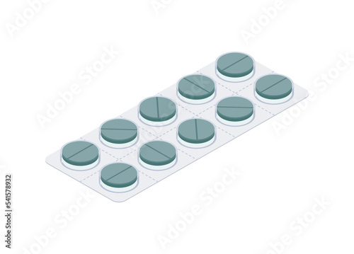 Pill strip in isometric view. Simple flat illustration