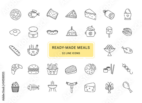 Ready made meals, 32 line vector icons