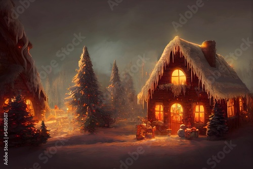 Leinwand Poster Christmas Cabin Fantasy Digital Concept Art
