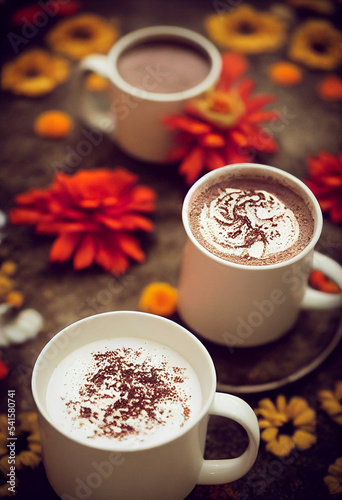 Champurrado. Chocolate. Traditional Mexican Chocolat. Cup of hot chocolate. Bebida tradicional mexicana Champurrado. Day of the dead celebration and lots of marigolds