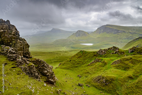 Quraing mountain pass and hiking path views, in mid summer,Trotternish,Isle of Skye,Highlands of Scotland,UK.