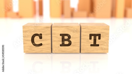 Letters CBT branded on wooden cube blocks reflected on the bright surface. Business concept. In the back are wooden cuboids in many different shapes. (3D rendering)