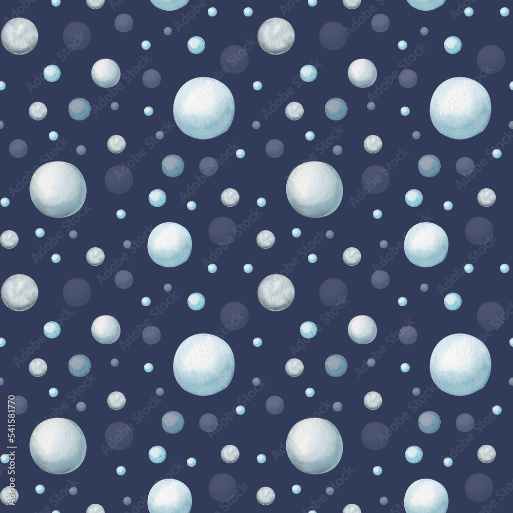 Simple seamless pattern with hand-drawn watercolor snowballs. Snow texture for winter decor, textile and scrapbooking on dark blue background.