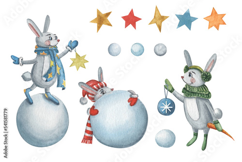 Watercolor isolated new year illustrations of cartoon rabbits. Colorful white bunny in scarf and gloves, stars and snowballs on white for scrapbooking.
