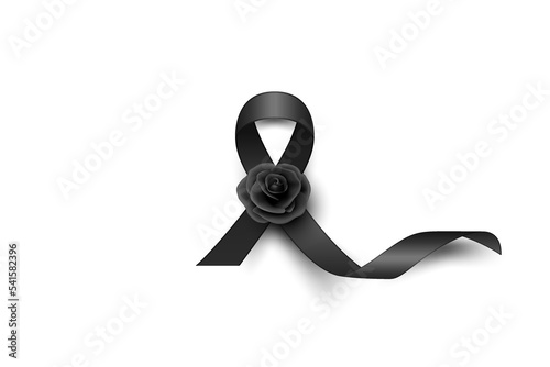 Vector Black Silk Ribbon with Black Rose. Design Template for Funeral Card, Banner, Invitation. Black Awareness Ribbon Isolated on White Background, Icon for Pray, Mourning Symbol