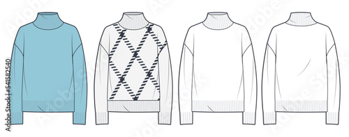 Set of Sweaters, Jumpers technical fashion illustration. Sweaters fashion technical drawing template, overfit, roll neck, front and back view, white, blue and plaid design, unisex CAD mockup set.