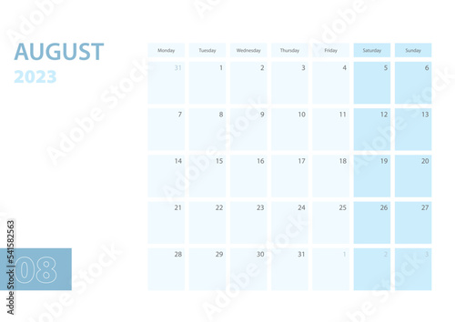 Calendar template for the August 2023, the week starts on Monday. The calendar is in a blue color scheme.