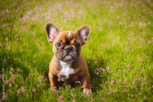 sweet little french bulldog sitting on a colorful meadow